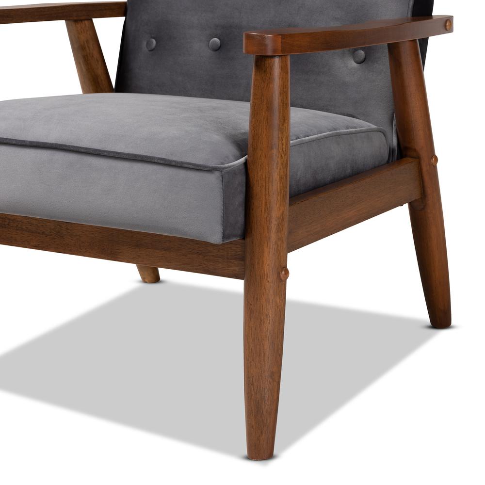 Baxton Studio Sorrento Mid-century Modern Grey Velvet Fabric Upholstered Walnut Finished Wooden Lounge Chair. Picture 16