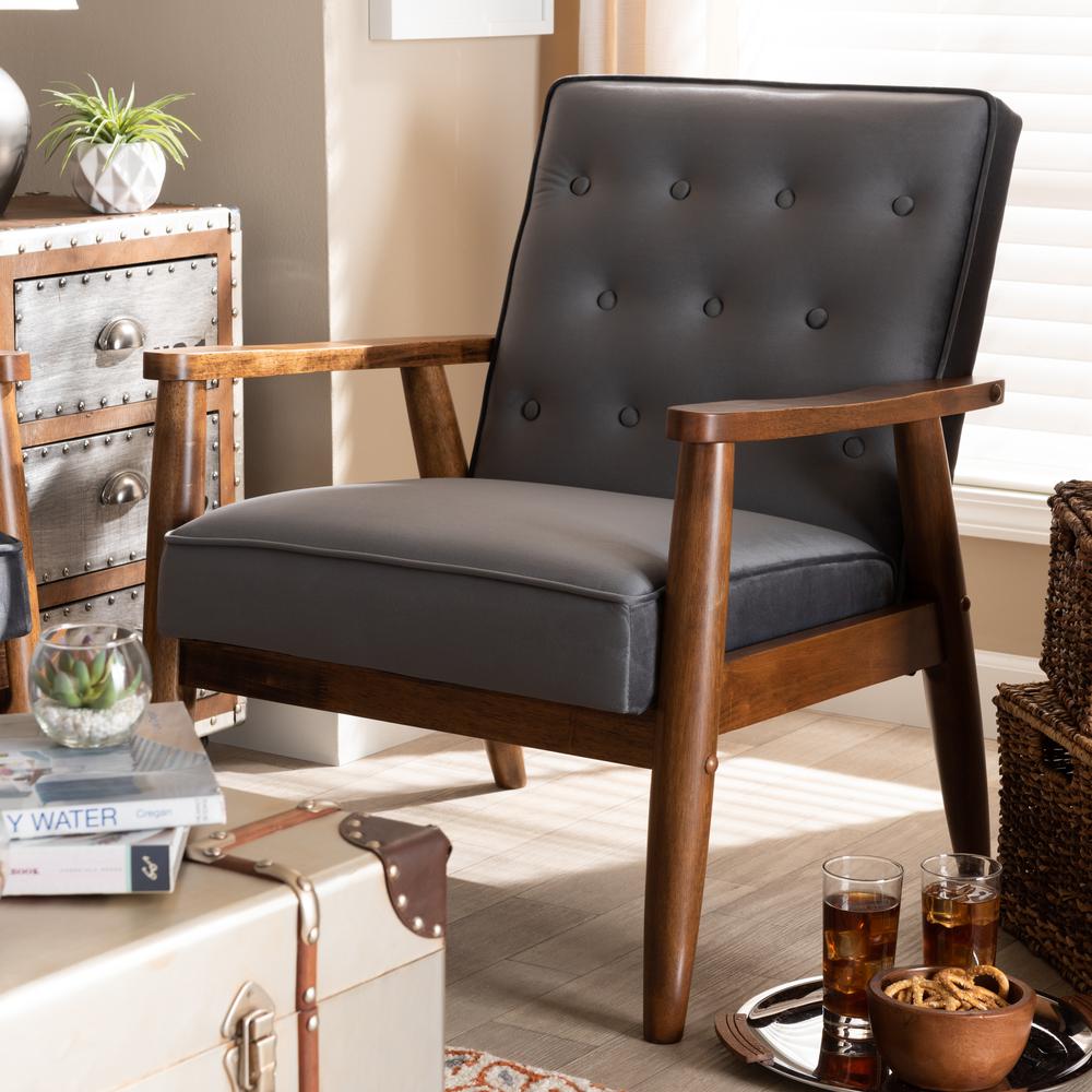 Baxton Studio Sorrento Mid-century Modern Grey Velvet Fabric Upholstered Walnut Finished Wooden Lounge Chair. Picture 8