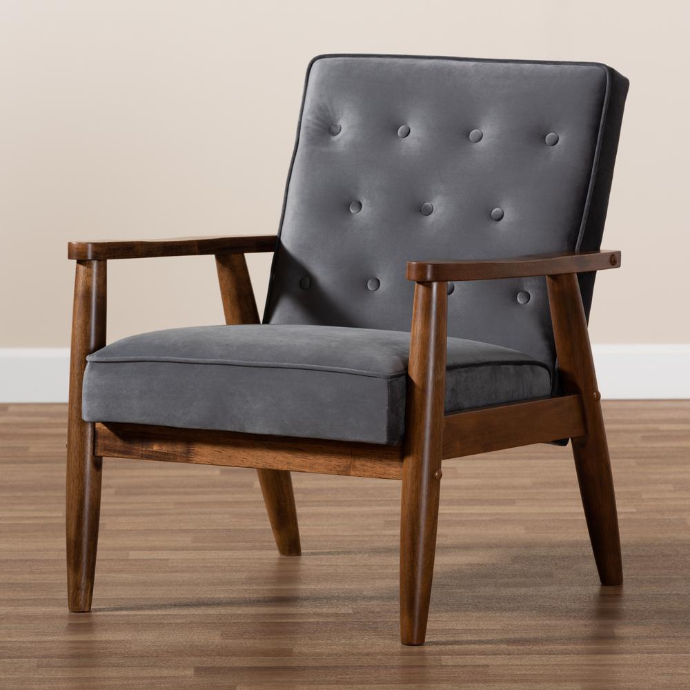 Baxton Studio Sorrento Mid-century Modern Grey Velvet Fabric Upholstered Walnut Finished Wooden Lounge Chair. Picture 18