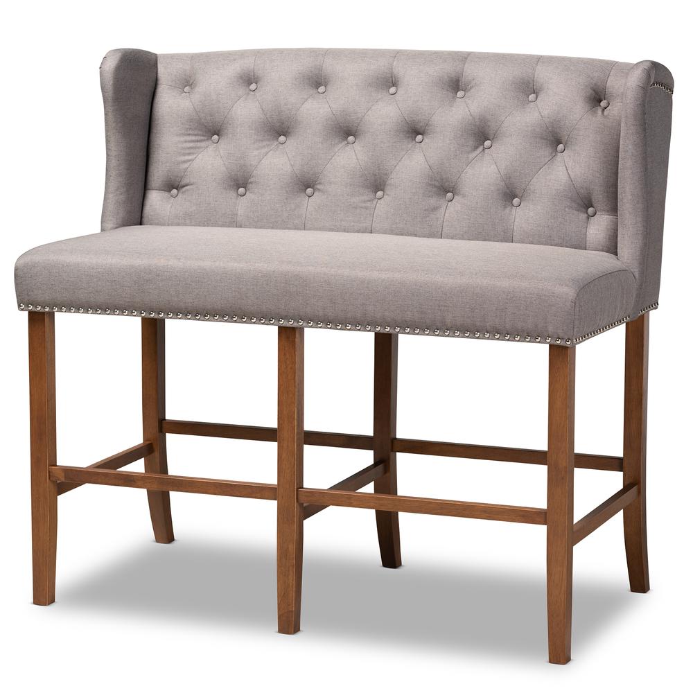 Grey Fabric Upholstered Walnut Finished Wood Button Tufted Bar Stool Bench. Picture 11