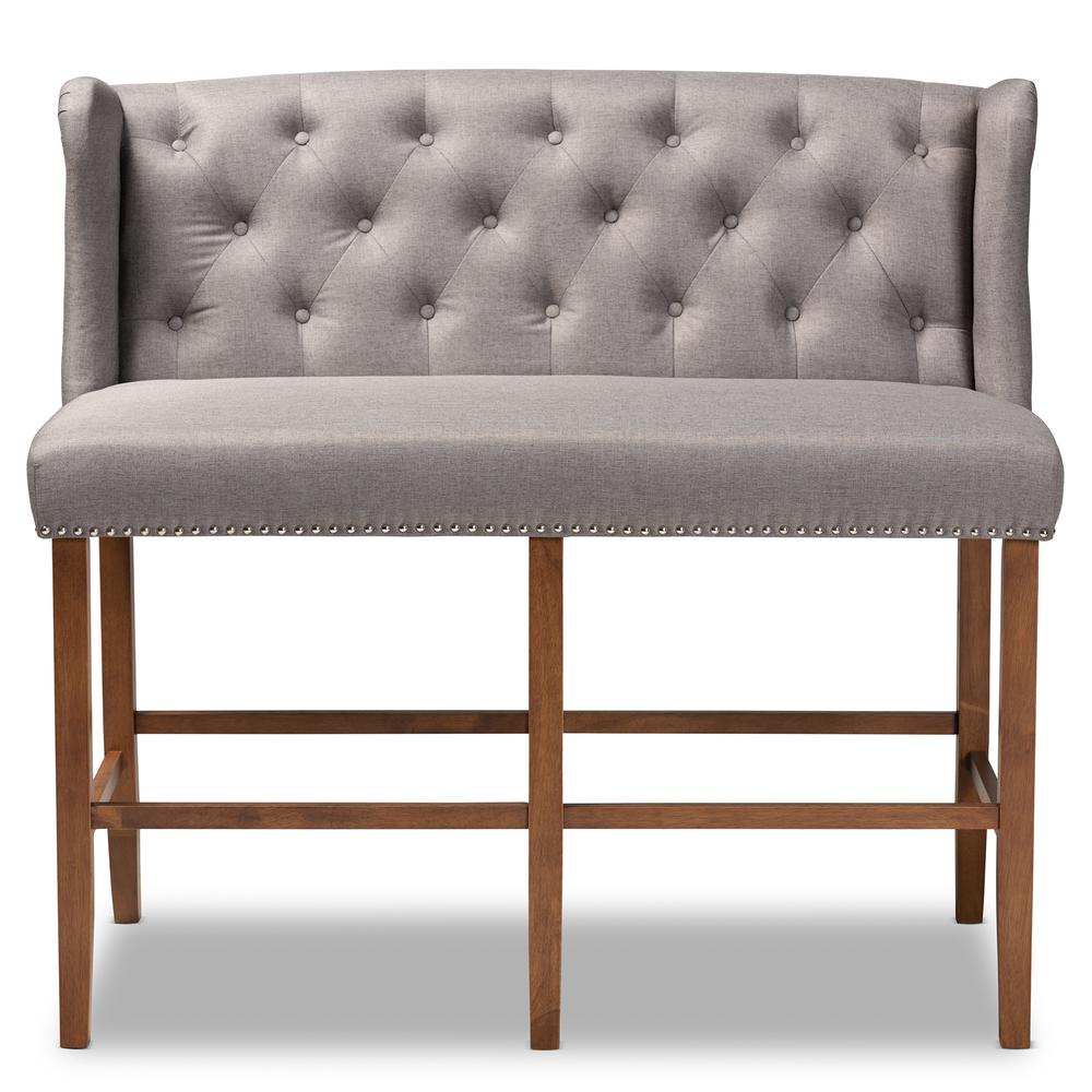 Grey Fabric Upholstered Walnut Finished Wood Button Tufted Bar Stool Bench. Picture 12