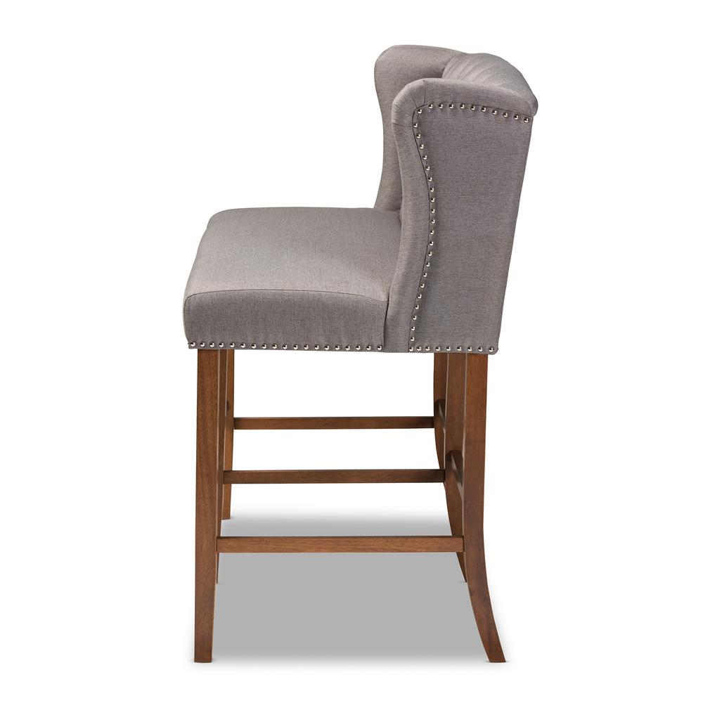 Grey Fabric Upholstered Walnut Finished Wood Button Tufted Bar Stool Bench. Picture 13