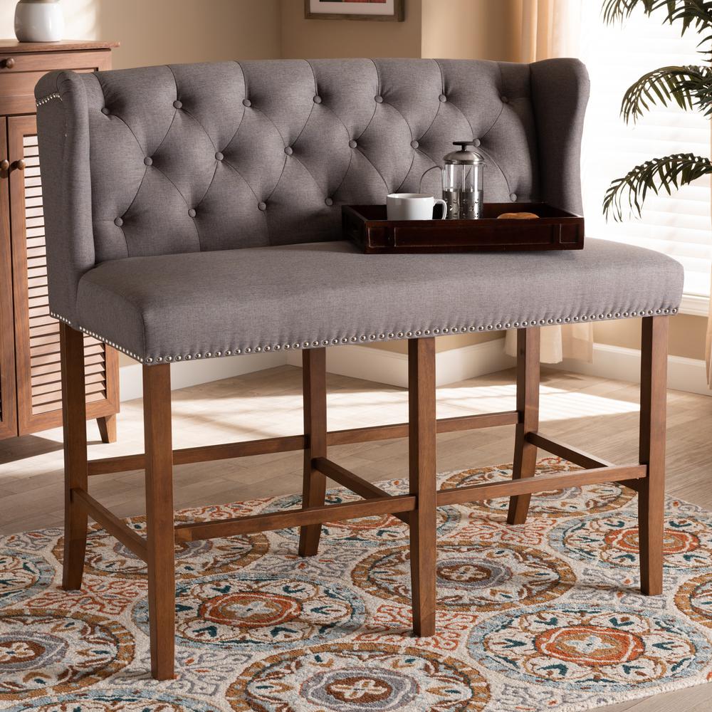 Grey Fabric Upholstered Walnut Finished Wood Button Tufted Bar Stool Bench. Picture 18
