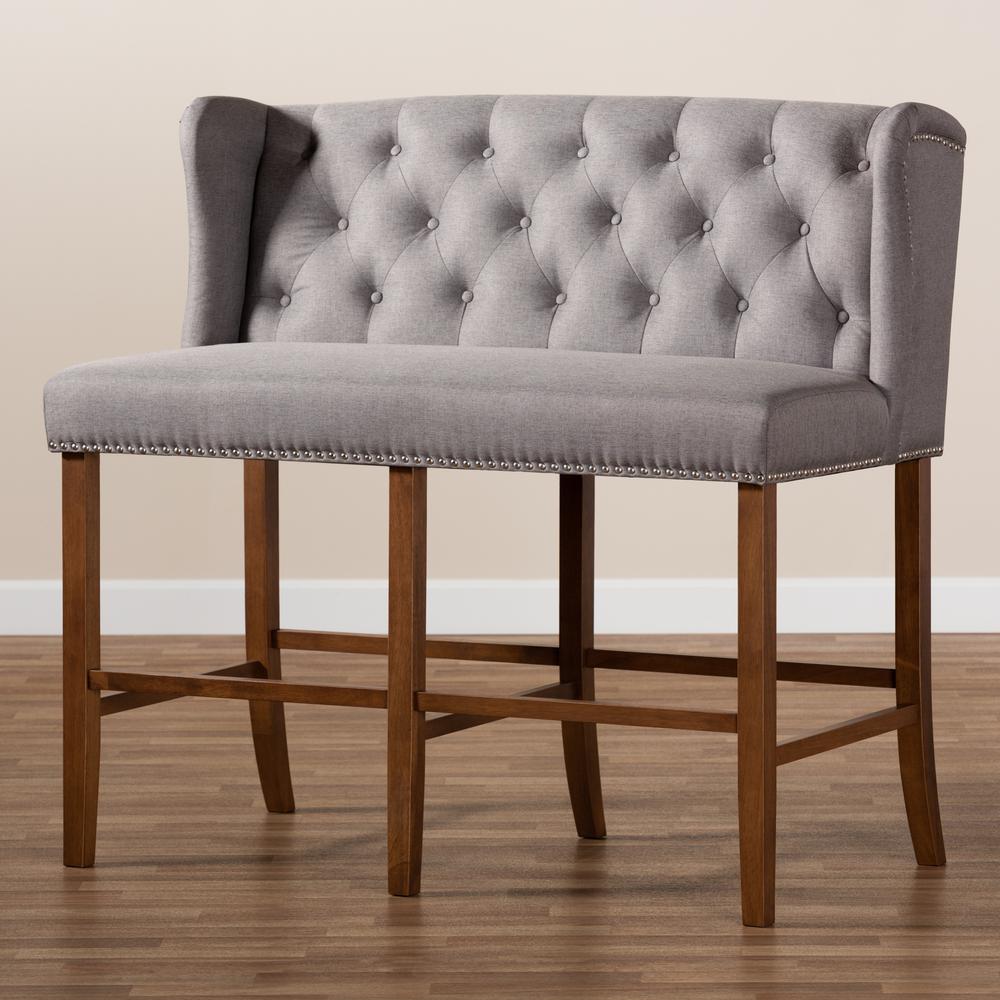 Grey Fabric Upholstered Walnut Finished Wood Button Tufted Bar Stool Bench. Picture 19