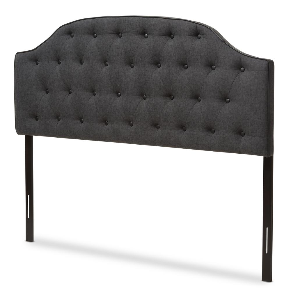 Dark Grey Fabric Upholstered Scalloped Buttoned Queen Size Headboard. Picture 7
