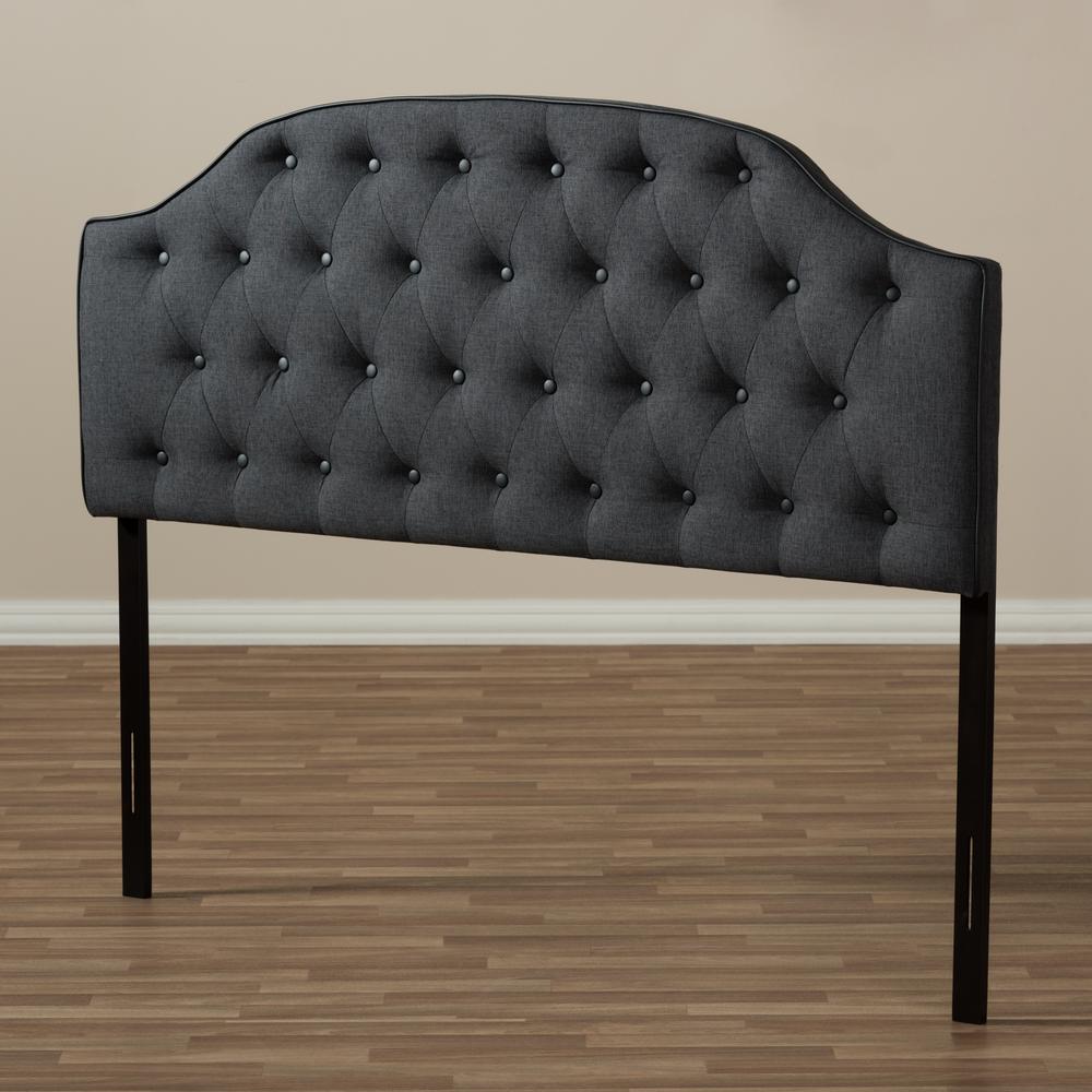 Dark Grey Fabric Upholstered Scalloped Buttoned Queen Size Headboard. Picture 11