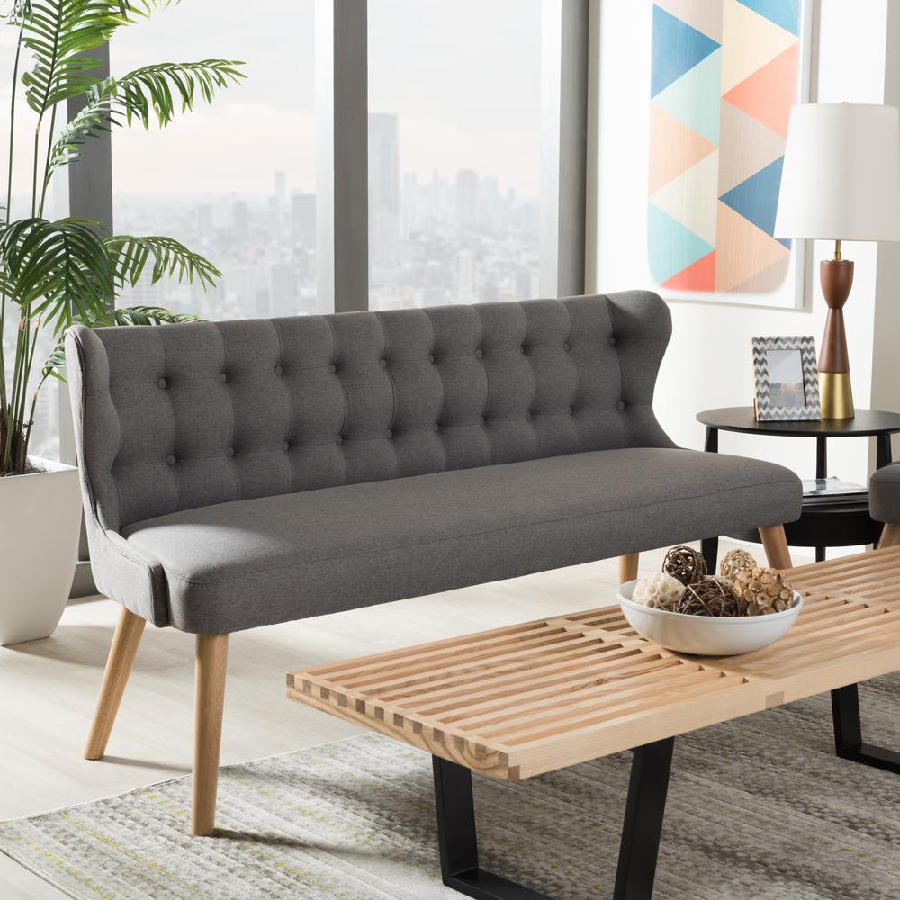 Grey Fabric and Natural Wood Finishing 3-Seater Settee Bench. Picture 15