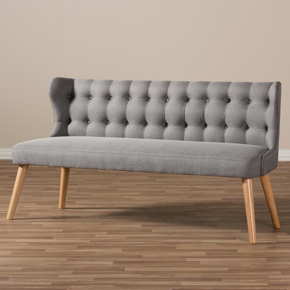 Grey Fabric and Natural Wood Finishing 3-Seater Settee Bench. Picture 16