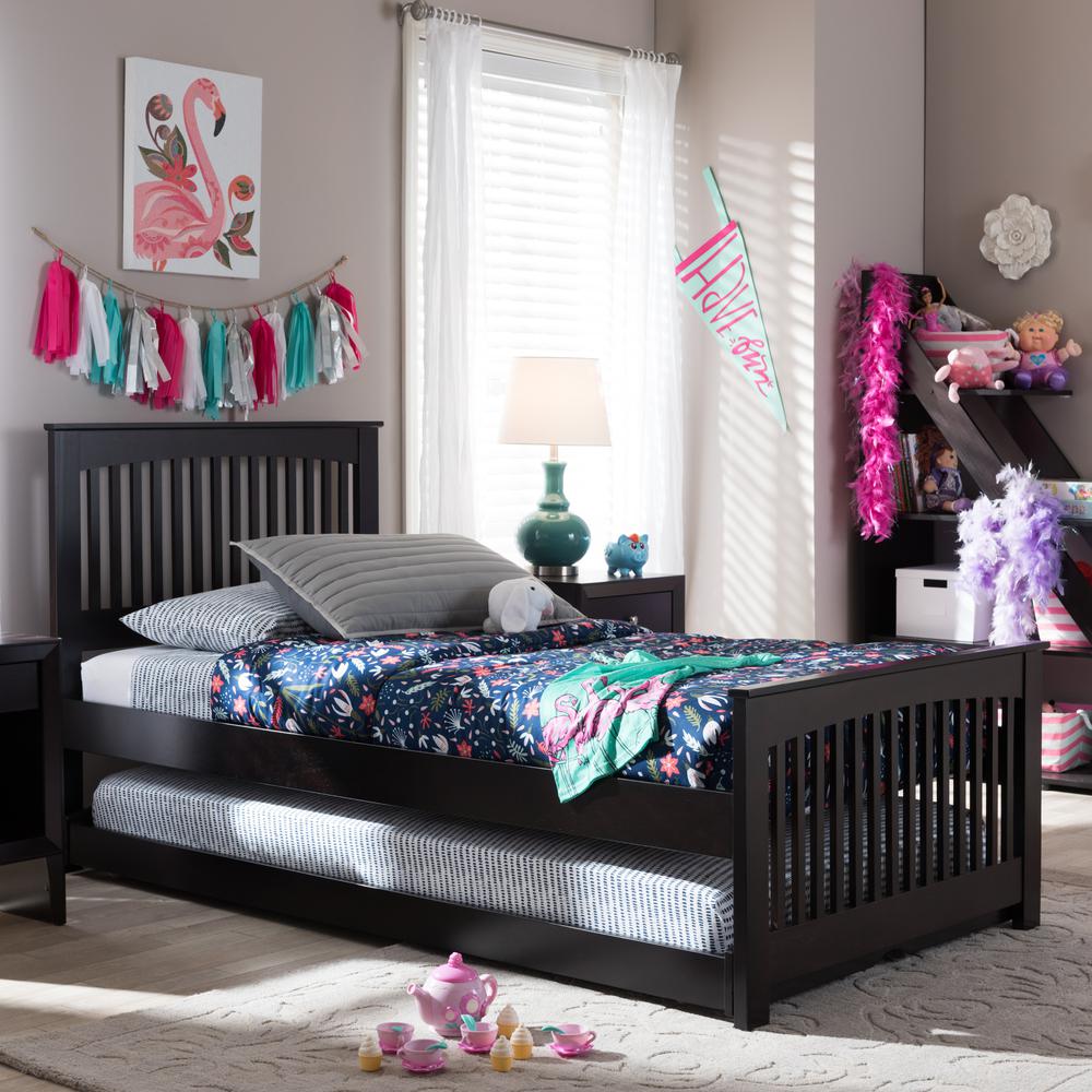 Hevea Twin Size Dark Brown Solid Wood Platform Bed with Guest Trundle Bed. Picture 11