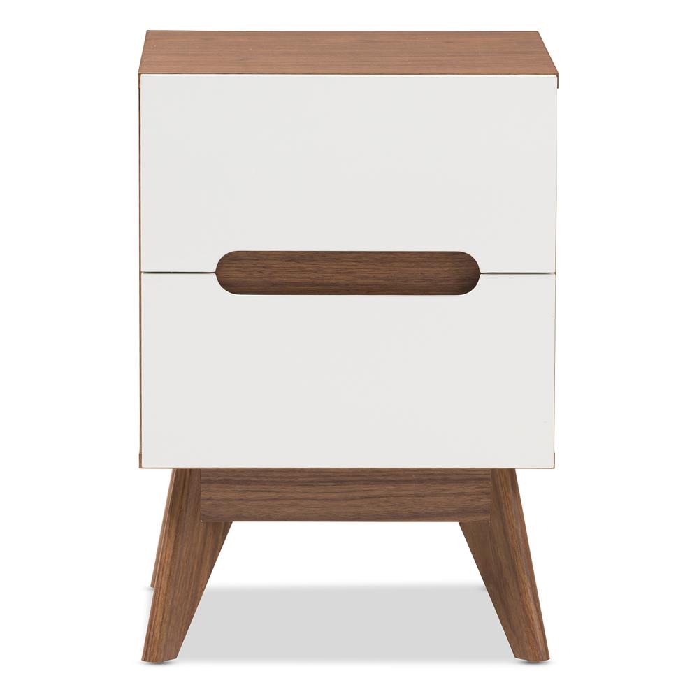 Calypso Mid-Century Modern White and Walnut Wood 3-Drawer Storage Nightstand. Picture 11