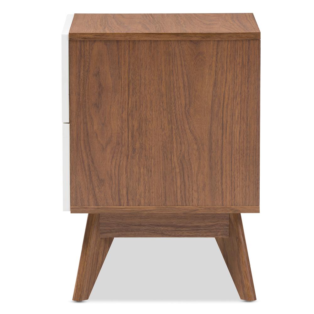 Calypso Mid-Century Modern White and Walnut Wood 3-Drawer Storage Nightstand. Picture 12