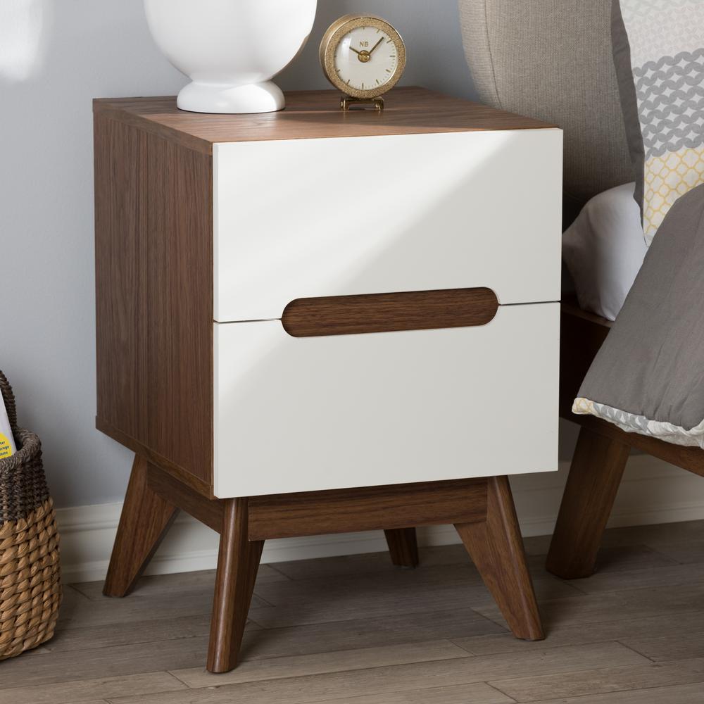 Calypso Mid-Century Modern White and Walnut Wood 3-Drawer Storage Nightstand. Picture 14
