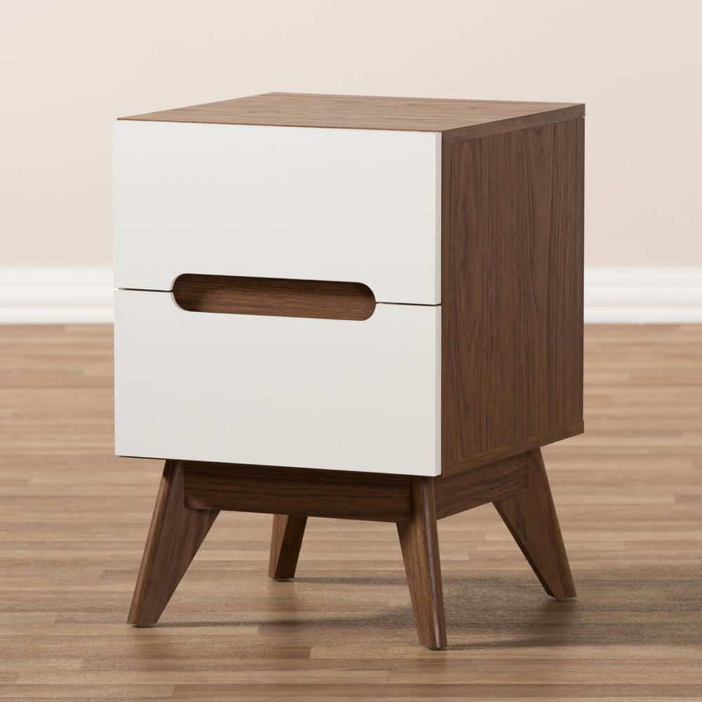 Calypso Mid-Century Modern White and Walnut Wood 3-Drawer Storage Nightstand. Picture 15