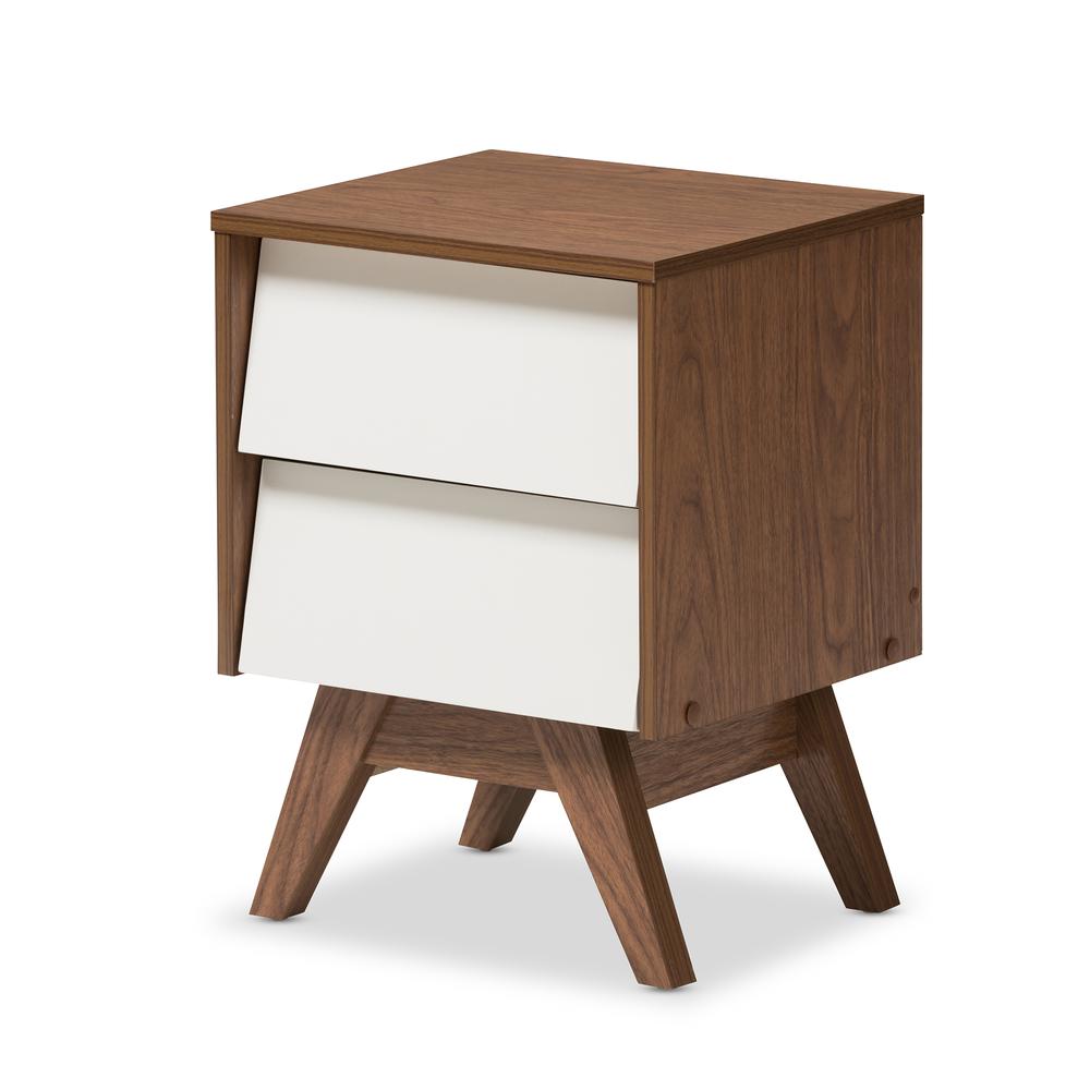 Hildon Mid-Century Modern White and Walnut Wood 2-Drawer Storage Nightstand. Picture 8