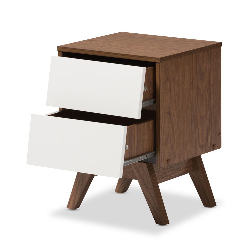 Hildon Mid-Century Modern White and Walnut Wood 2-Drawer Storage Nightstand. Picture 9