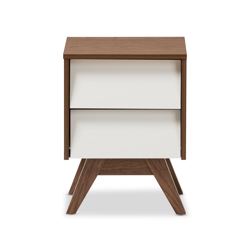 Hildon Mid-Century Modern White and Walnut Wood 2-Drawer Storage Nightstand. Picture 10