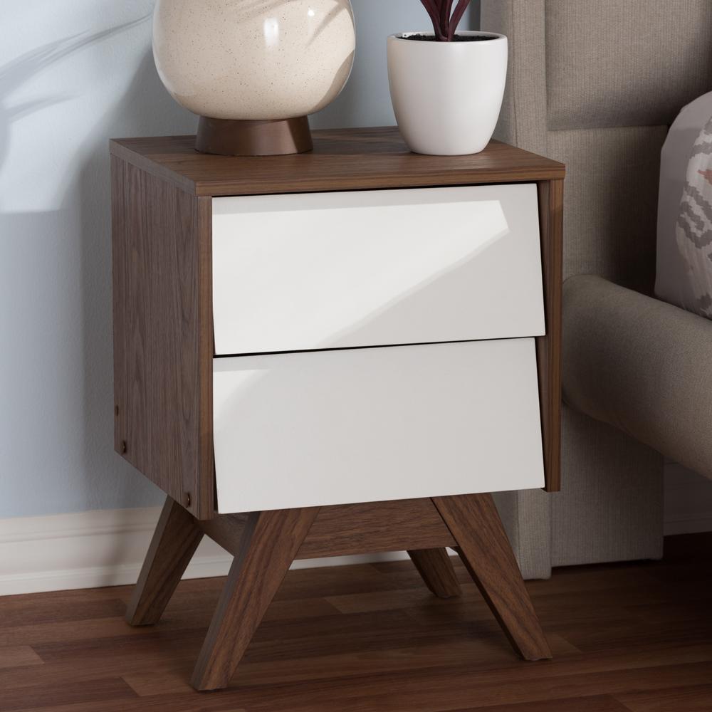 Hildon Mid-Century Modern White and Walnut Wood 2-Drawer Storage Nightstand. Picture 12
