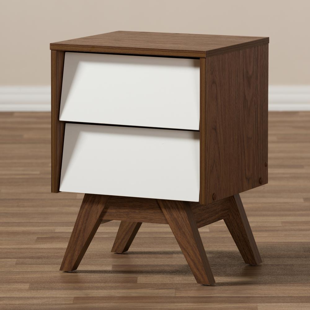 Hildon Mid-Century Modern White and Walnut Wood 2-Drawer Storage Nightstand. Picture 13