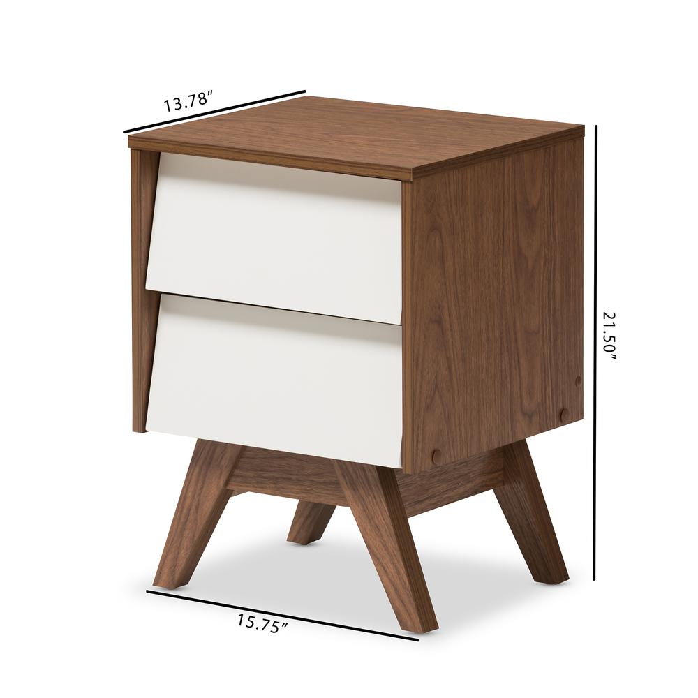 Hildon Mid-Century Modern White and Walnut Wood 2-Drawer Storage Nightstand. Picture 14