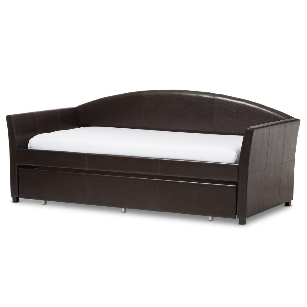 London Modern and Contemporary Brown Faux Leather Arched Back Sofa Twin Daybed. Picture 11