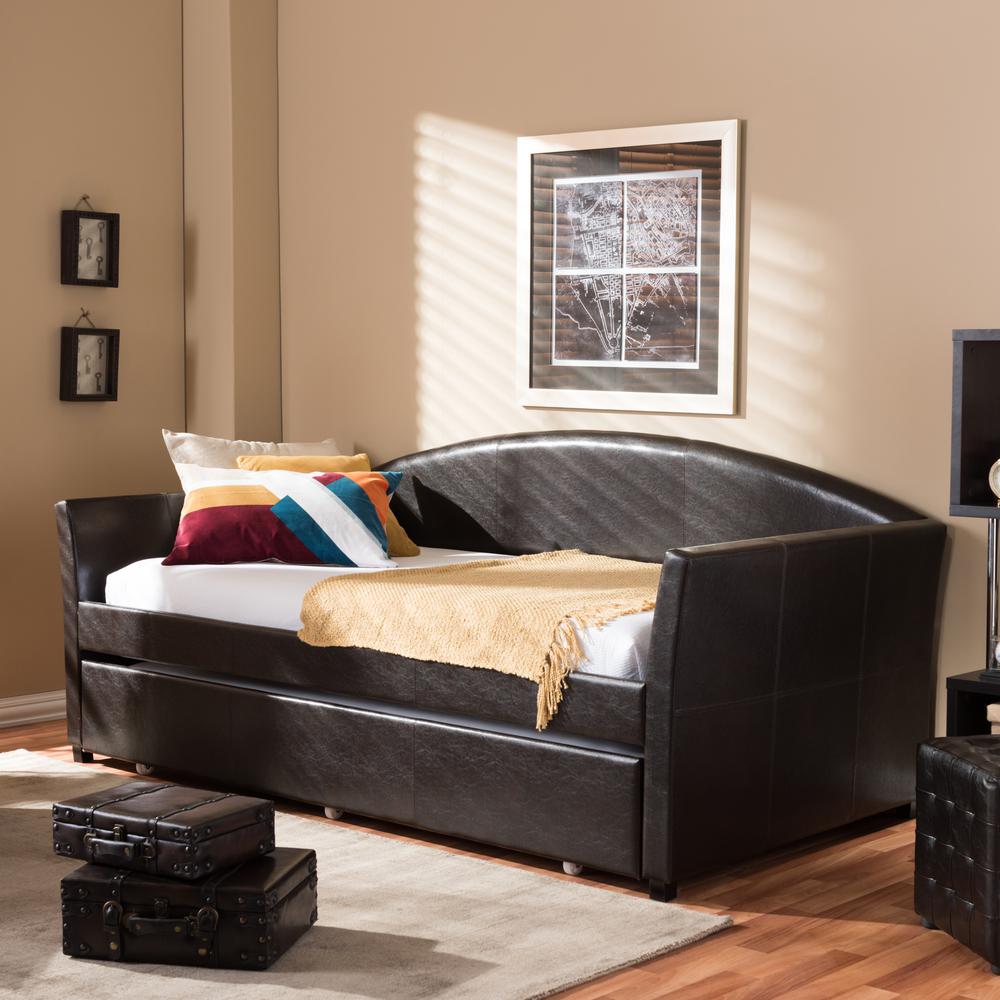 London Modern and Contemporary Brown Faux Leather Arched Back Sofa Twin Daybed. Picture 13