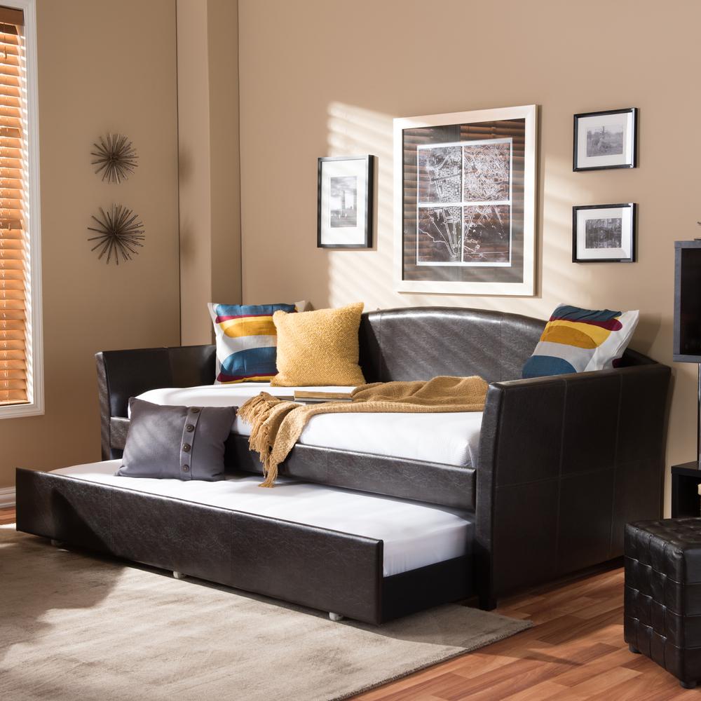 London Modern and Contemporary Brown Faux Leather Arched Back Sofa Twin Daybed. Picture 16