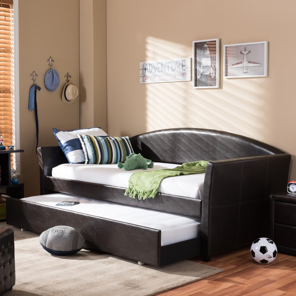 London Modern and Contemporary Brown Faux Leather Arched Back Sofa Twin Daybed. Picture 18