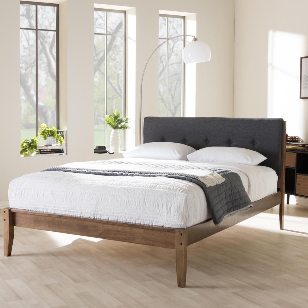 Leyton Mid-Century Modern Grey Fabric Upholstered King Size Platform Bed. Picture 8