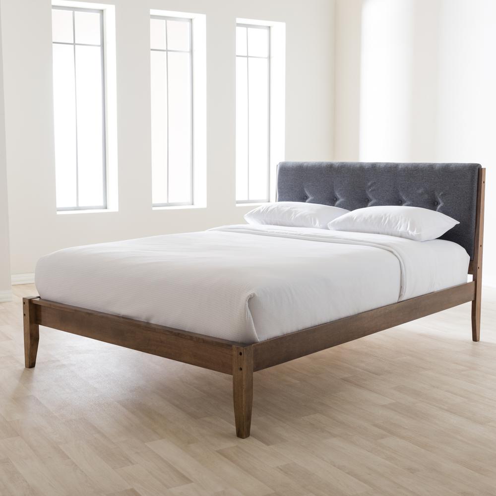 Leyton Mid-Century Modern Grey Fabric Upholstered King Size Platform Bed. Picture 14