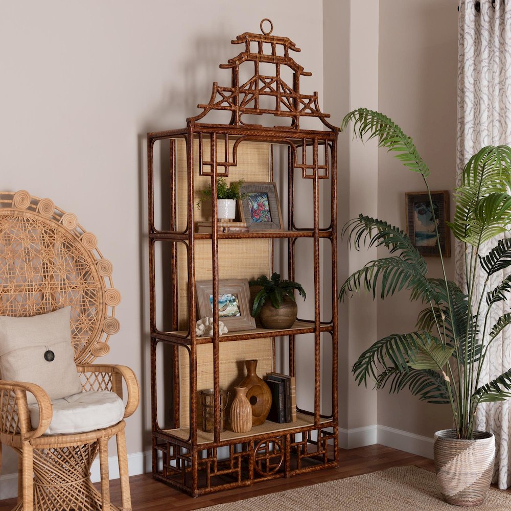 Tamiko Marbled Tortoise Rattan 3-Tier Accent Shelf. Picture 9