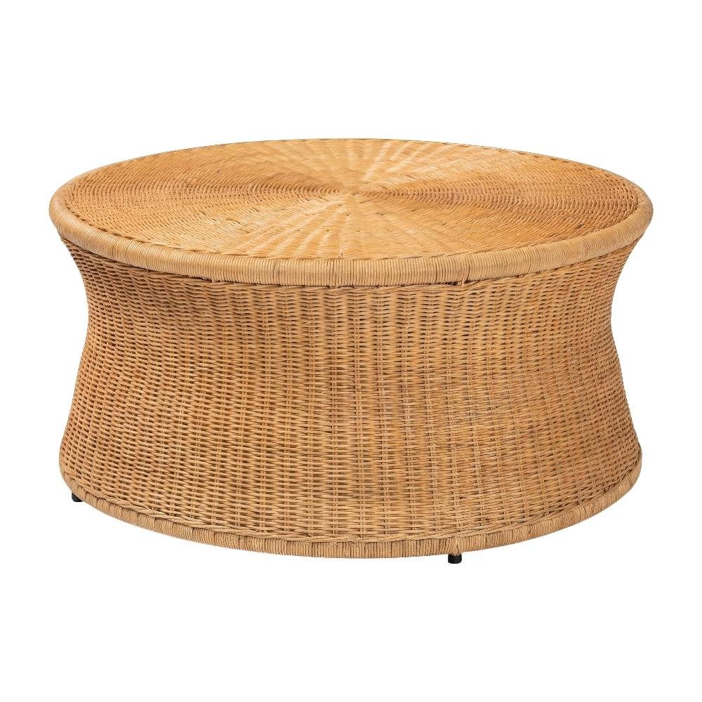 Genuine Rattan Round Coffee Table with Handwoven Wicker Drum Shape. Picture 1