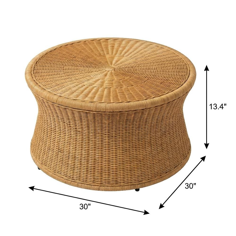 Genuine Rattan Round Coffee Table with Handwoven Wicker Drum Shape. Picture 4