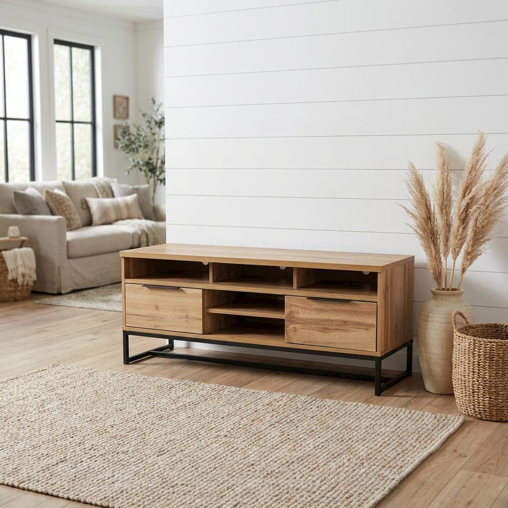 Black Wood and Metal TV Stand with Contemporary Design and 2 Drawers. Picture 2