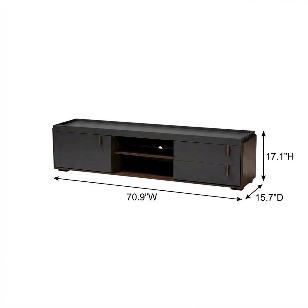 Gray and Walnut Two-Tone Wood TV Stand with Contemporary Style. Picture 7
