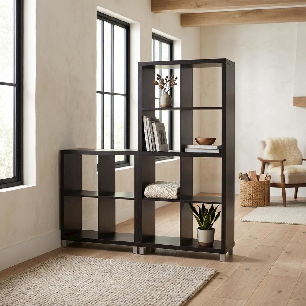Dark Brown Cube Shelving Unit With Faux Wood Grain Finish For Storage. Picture 3