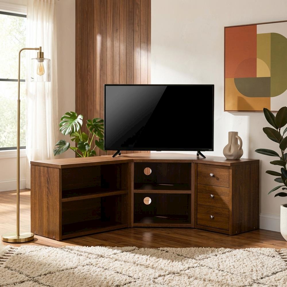 Wooden TV Stand with Open Shelves in Warm Walnut Finish for Modern Living Room. Picture 2