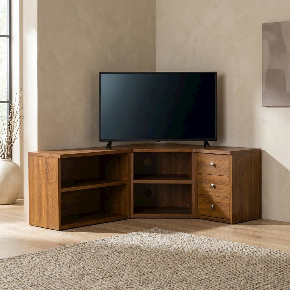 Wooden TV Stand with Open Shelves in Warm Walnut Finish for Modern Living Room. Picture 3