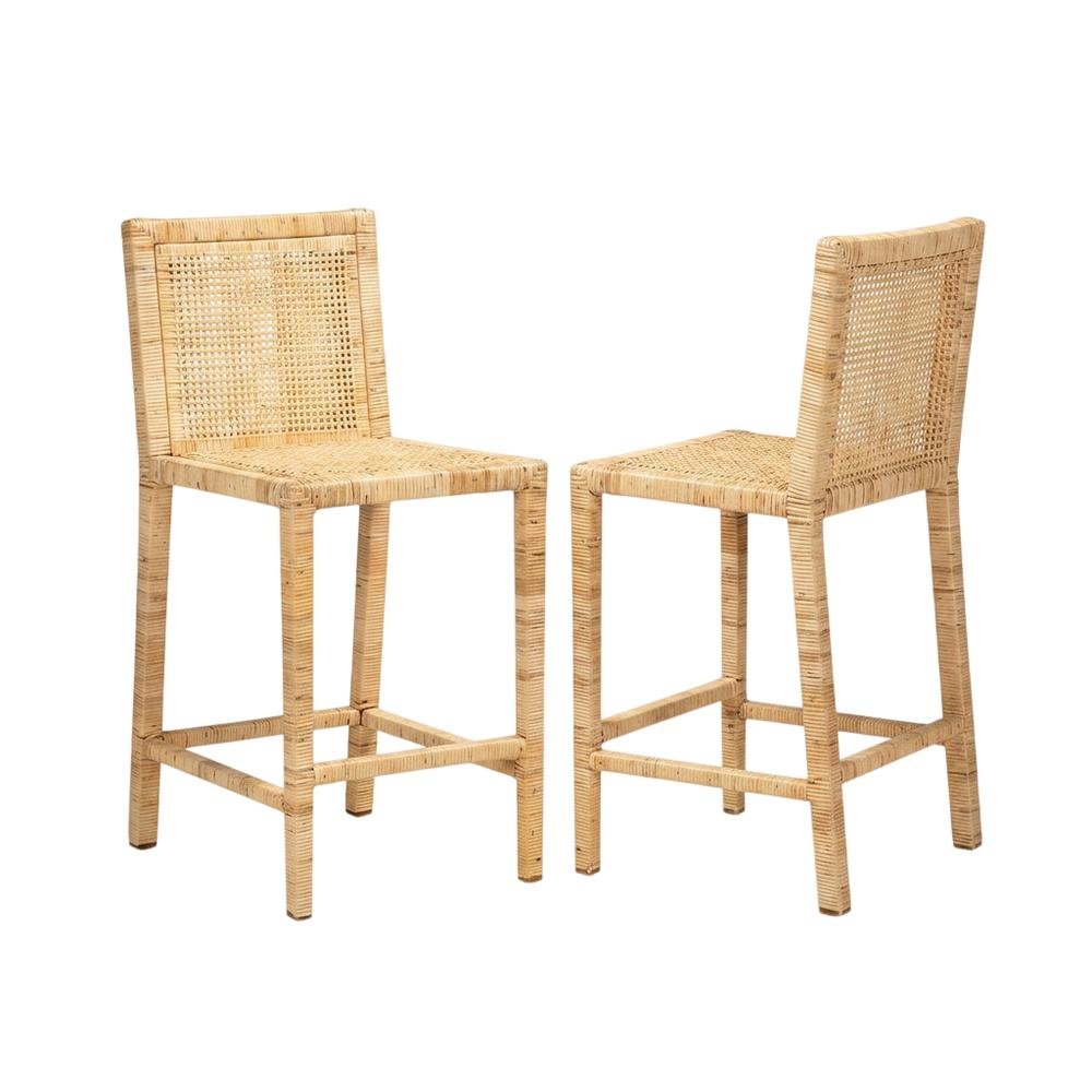 Contemporary Natural Finished Wood and Rattan Counter Stool with Mahogany Frame. Picture 1