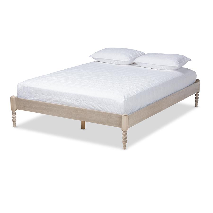 Bohemian Antique White Oak Finished Wood Queen Size Platform Bed Frame. Picture 1