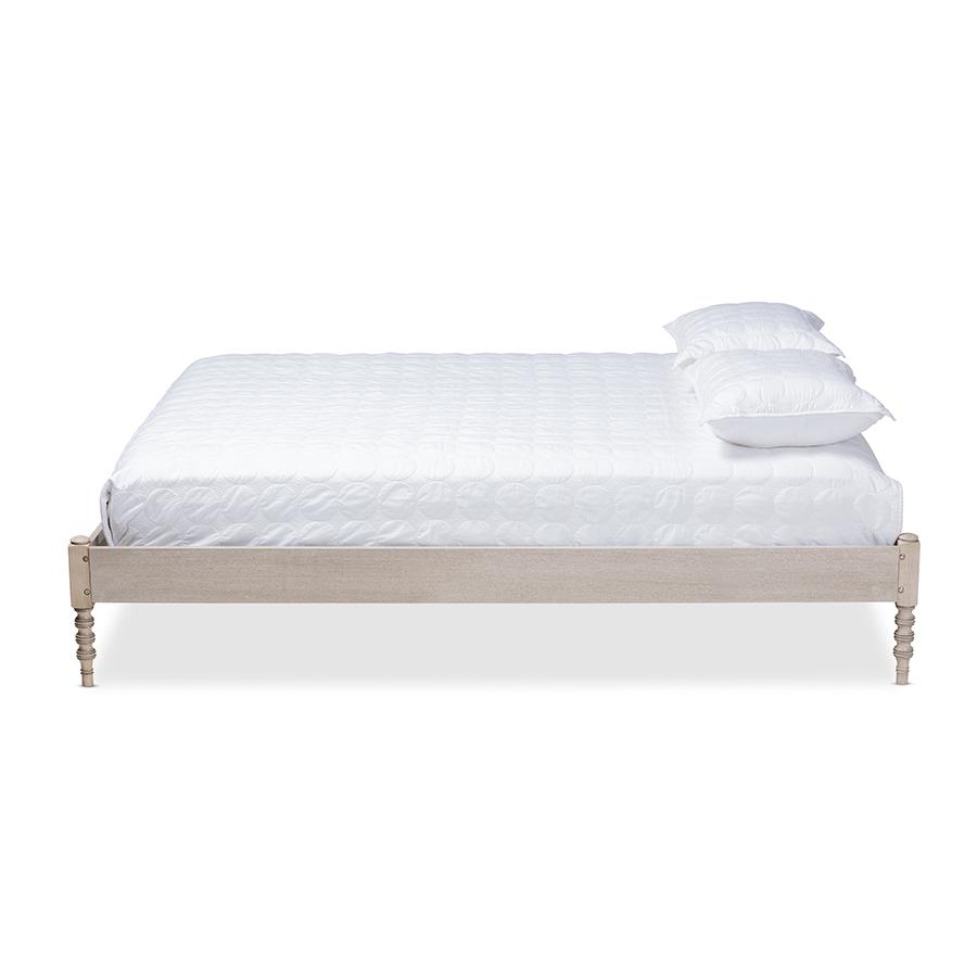 Bohemian Antique White Oak Finished Wood Queen Size Platform Bed Frame. Picture 2