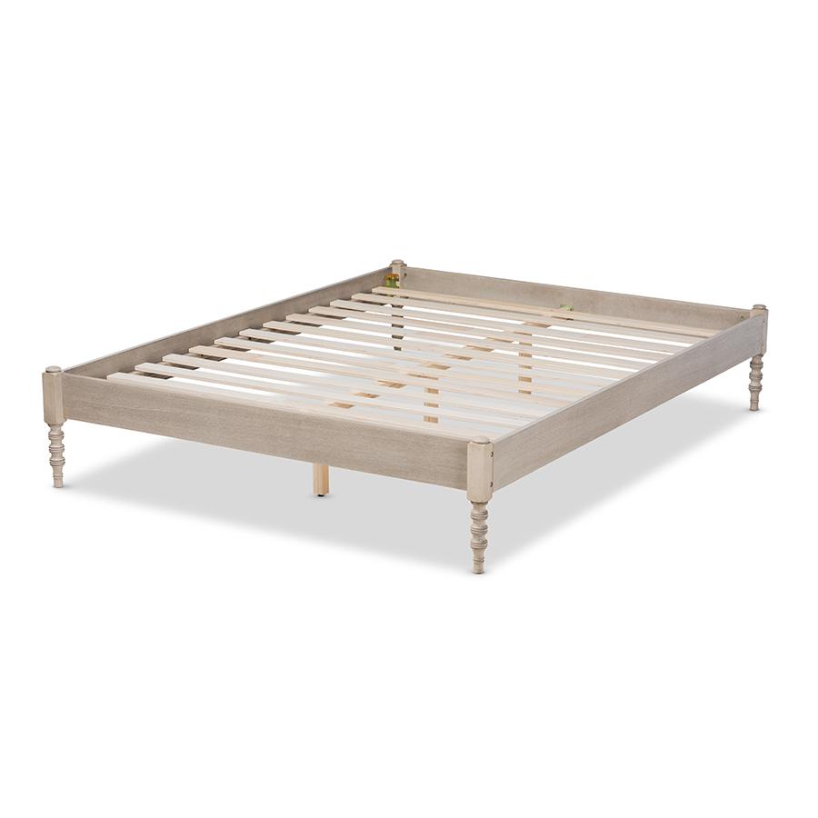 Bohemian Antique White Oak Finished Wood Queen Size Platform Bed Frame. Picture 3