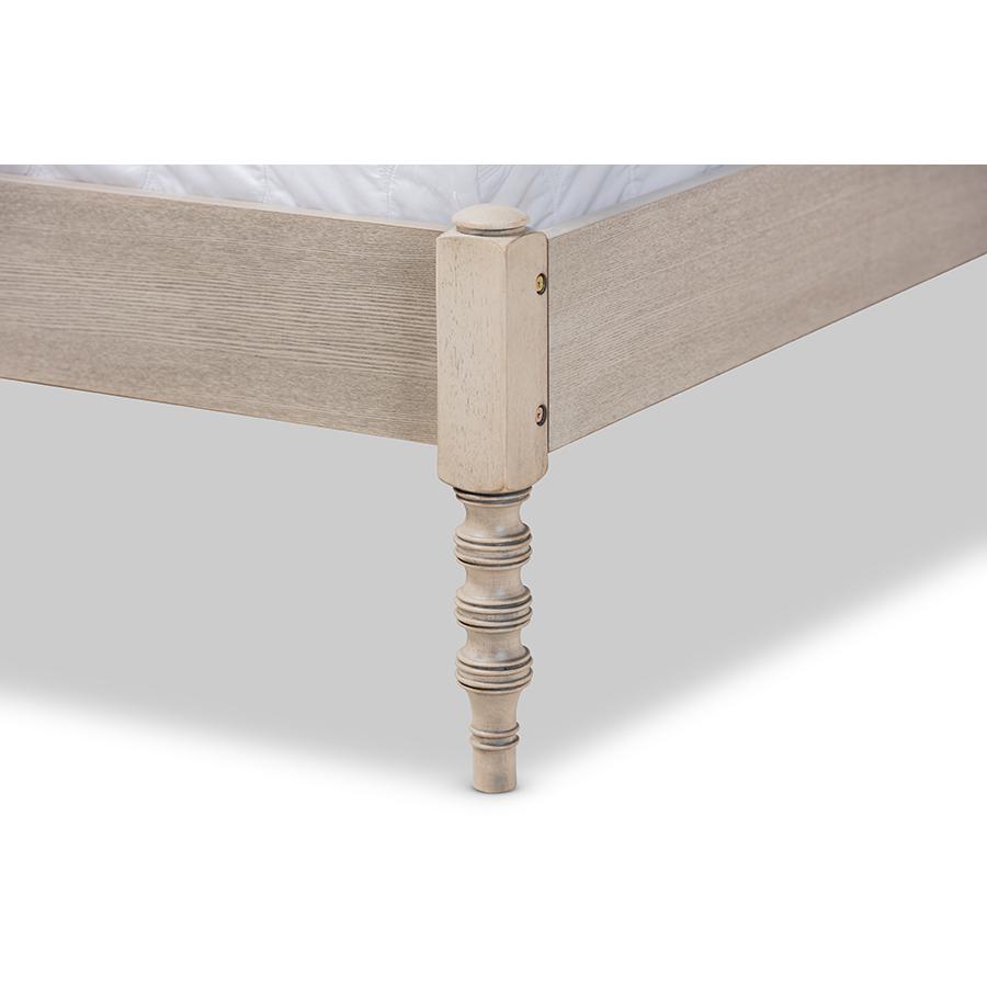 Bohemian Antique White Oak Finished Wood Queen Size Platform Bed Frame. Picture 4