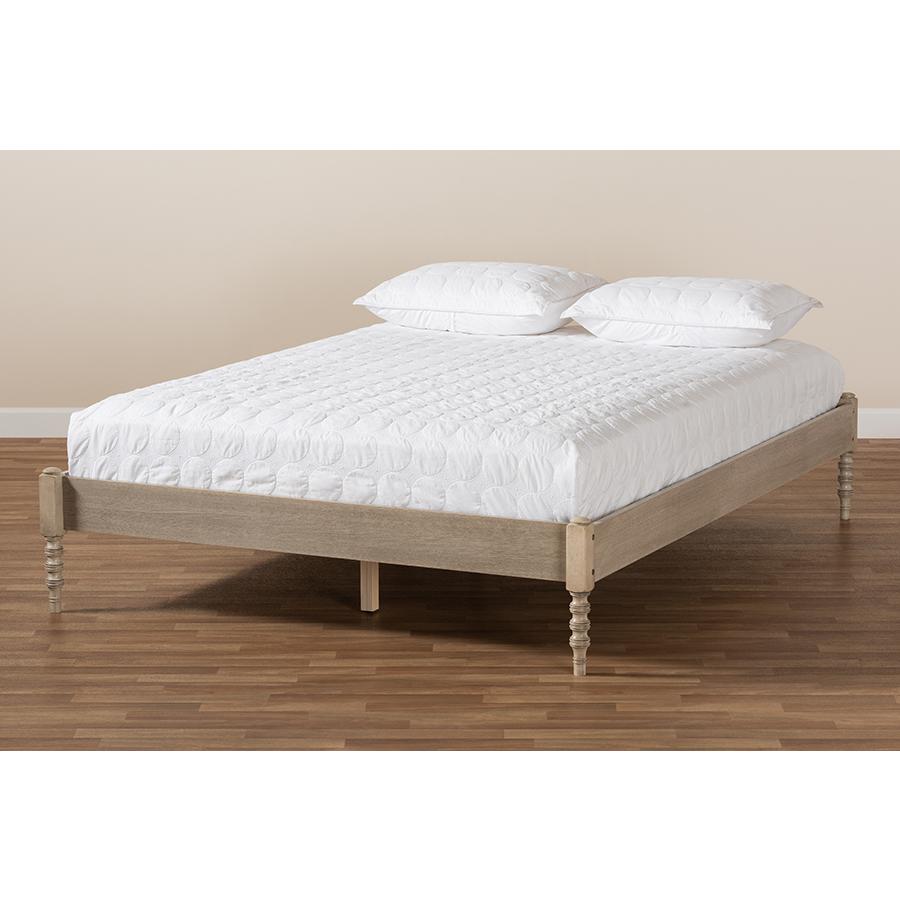 Bohemian Antique White Oak Finished Wood Queen Size Platform Bed Frame. Picture 6