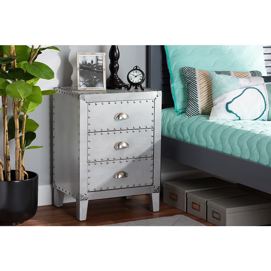 Baxton Studio Claude French Industrial Silver Metal 3-Drawer Nightstand. Picture 17