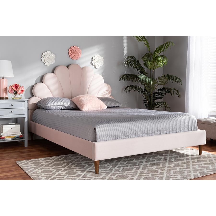 Walnut Brown Finished Wood Queen Size Seashell Shaped Platform Bed. Picture 17