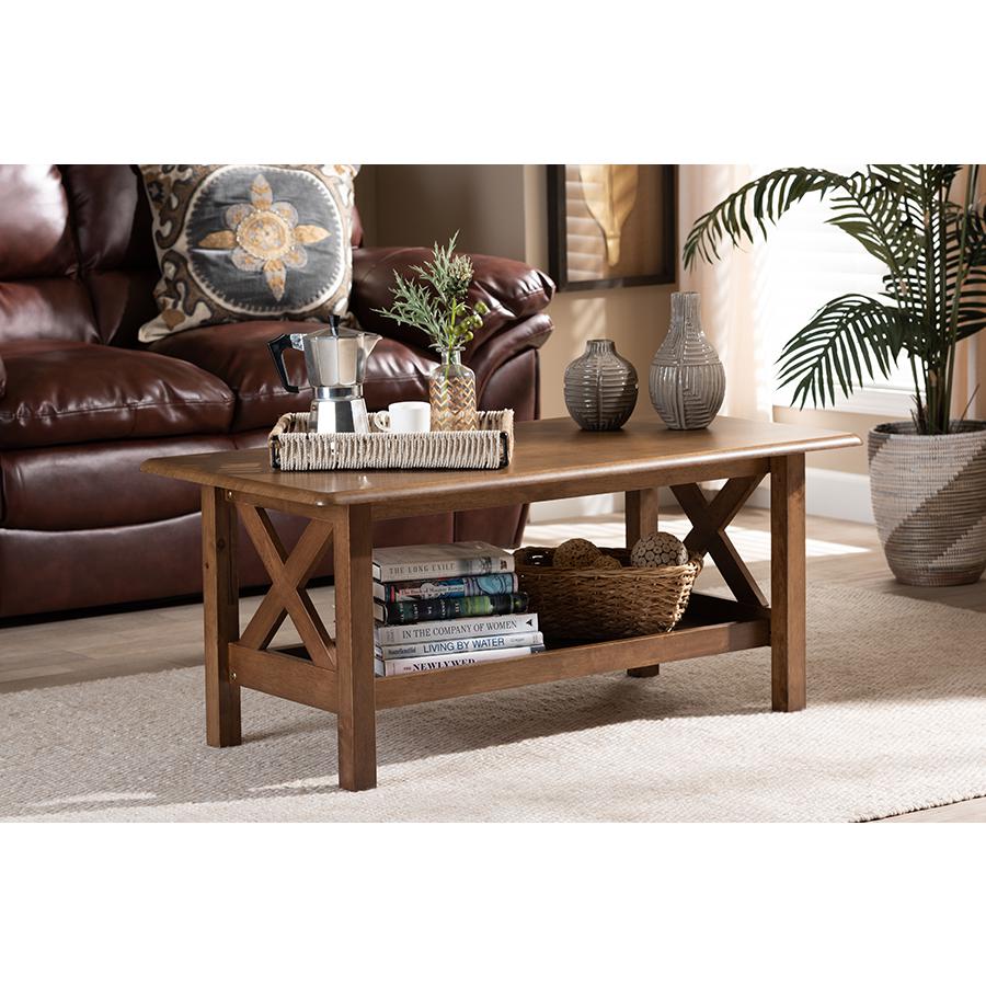 Transitional Walnut Brown Finished Rectangular Wood Coffee Table. Picture 17