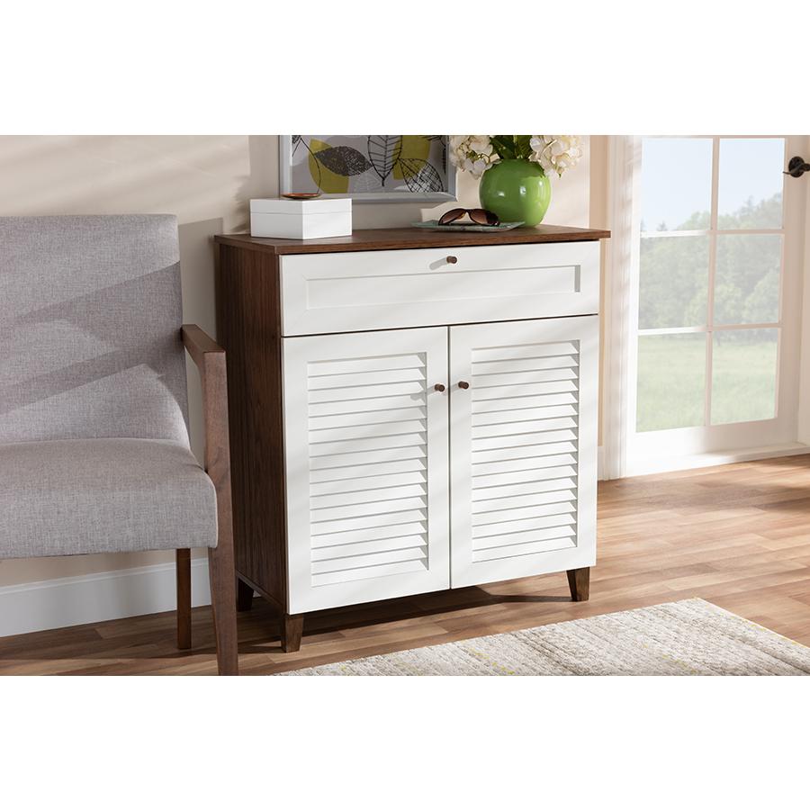 White and Walnut Finished 4-Shelf Wood Shoe Storage Cabinet with Drawer. Picture 21