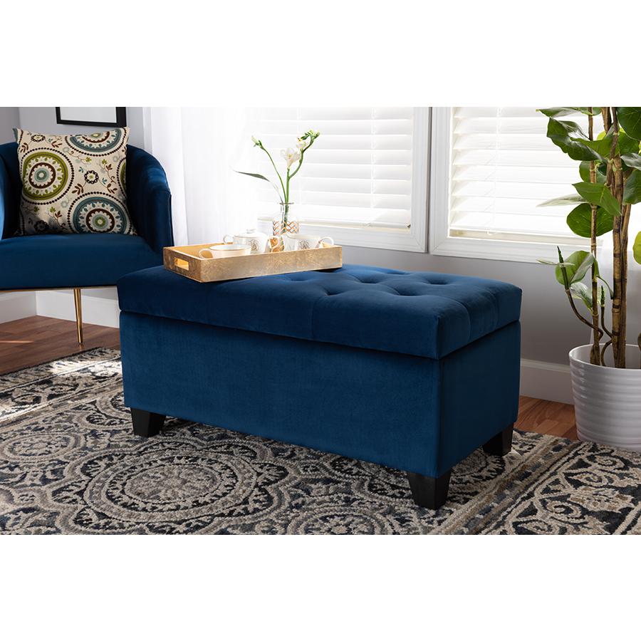 Navy Blue Velvet Fabric Upholstered Storage Ottoman. Picture 21