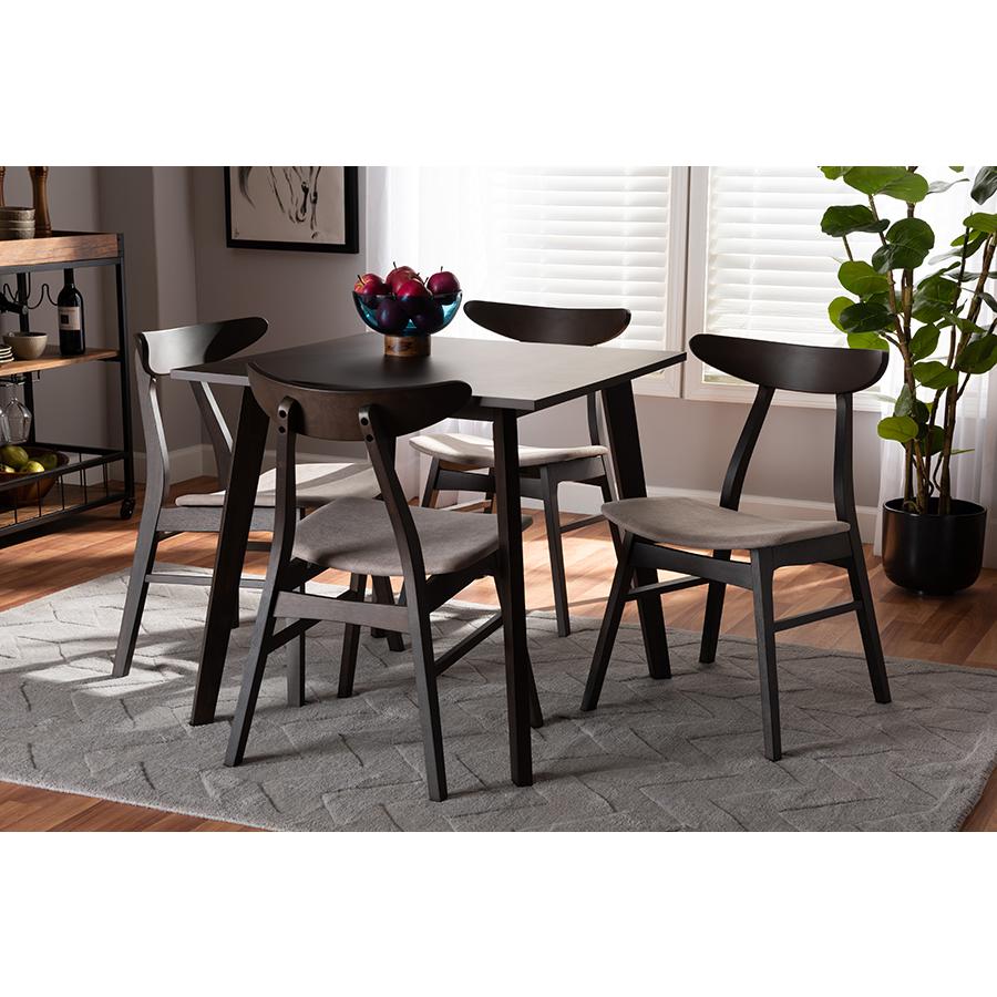 Baxton Studio Britte Mid-Century Modern Beige Fabric Upholstered Dark Oak Brown Finished 5-Piece Wood Dining Set. Picture 15