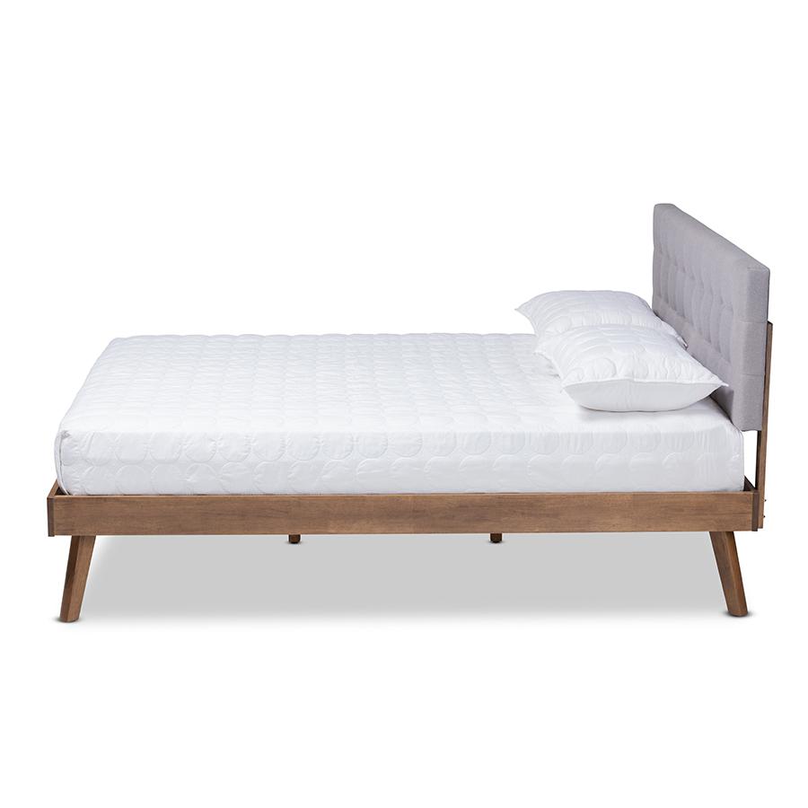 Baxton Studio Devan MidCentury Modern Light Grey Fabric Upholstered Walnut Brown Finished Wood Queen Size Platform Bed. Picture 2